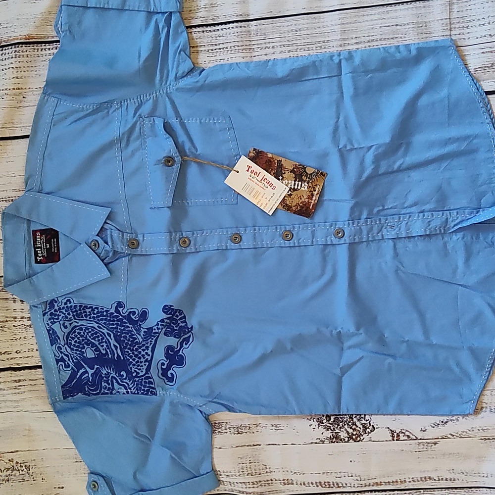 Tool Jeans Button Up Short Sleeve. Dragon design. Blue